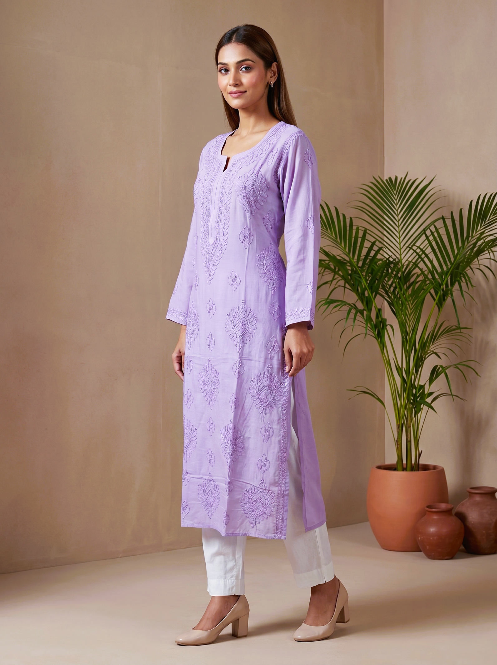 Majestic Breeze purple Muslin Chikankari Kurta | Resham Embroidery