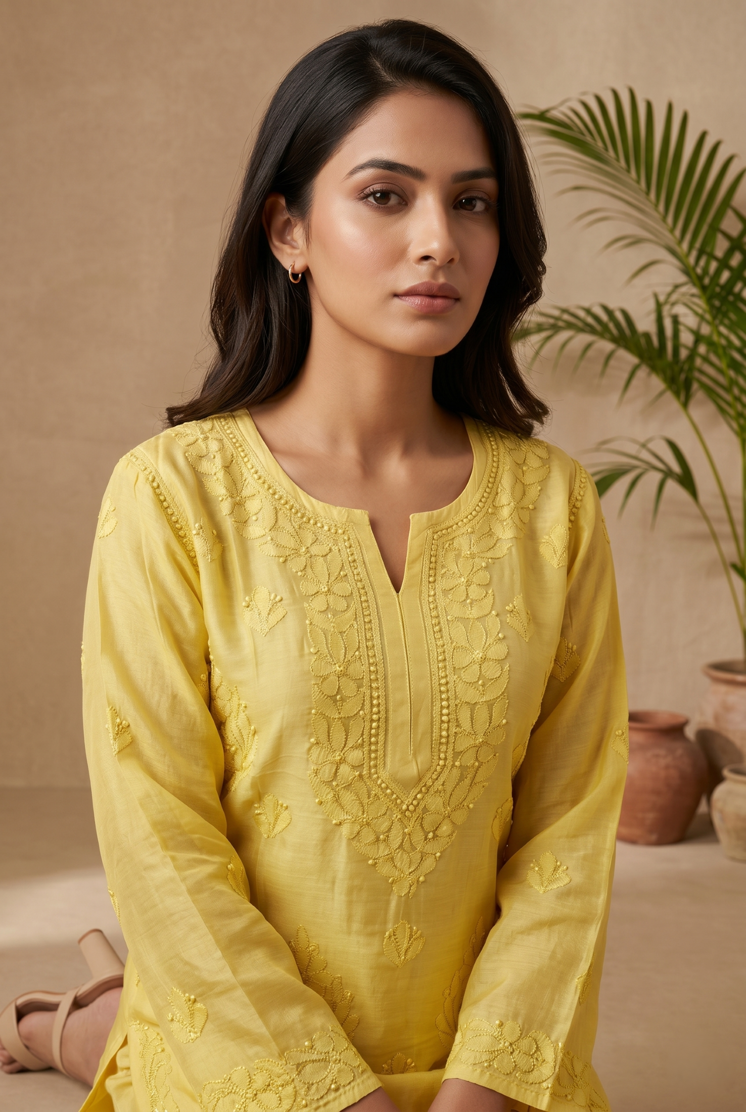Auspicious Glow Yellow Muslin Chikankari Kurta|Resham Work