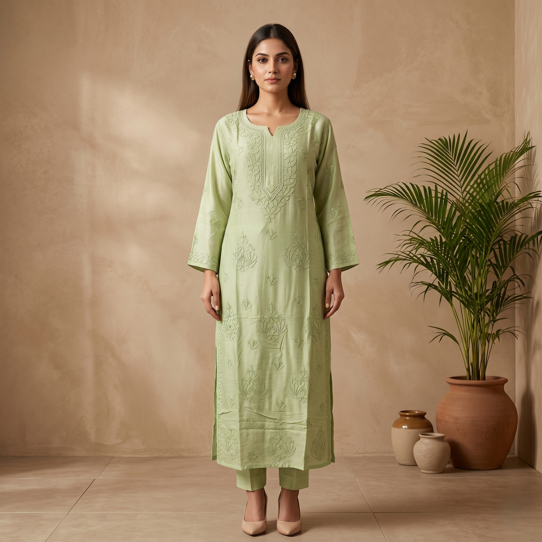 Mint Breeze Green Muslin Chikankari Kurta | Resham Embroidery