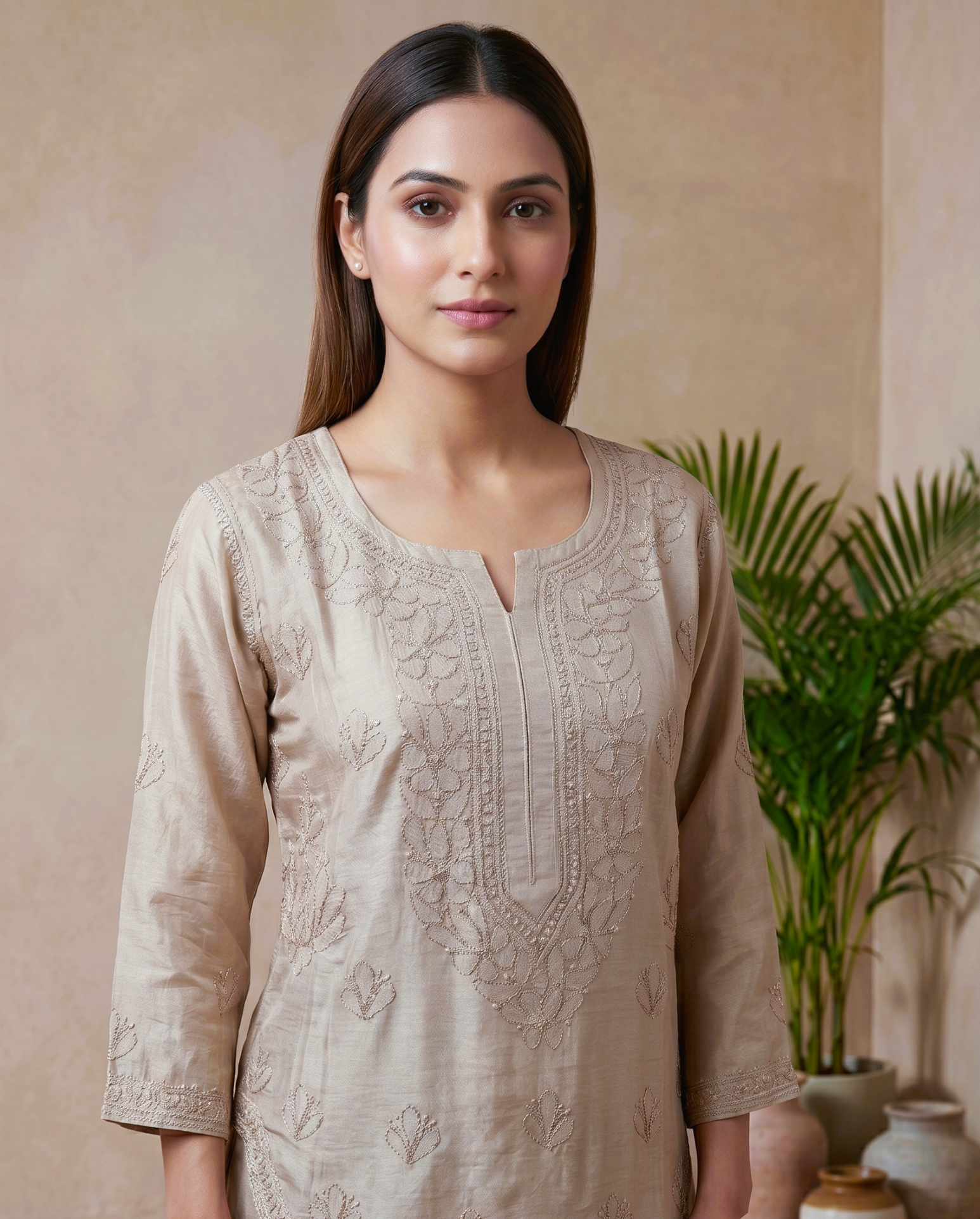 Barefoot Luxury Beige Muslin Chikankari Kurta | Resham Embroidery