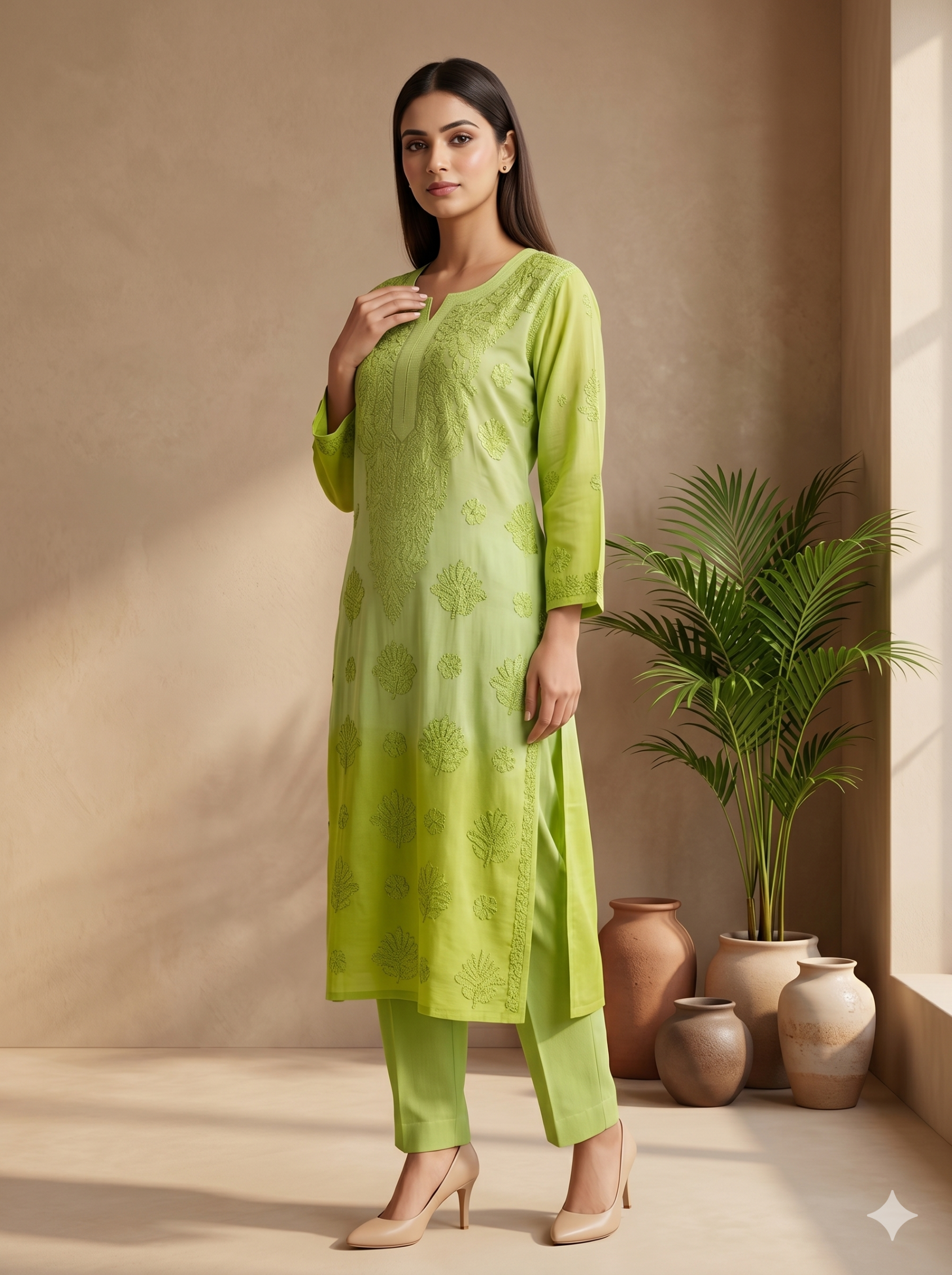 Moss & Mist: Handcrafted Dual-Green Muslin Kurta