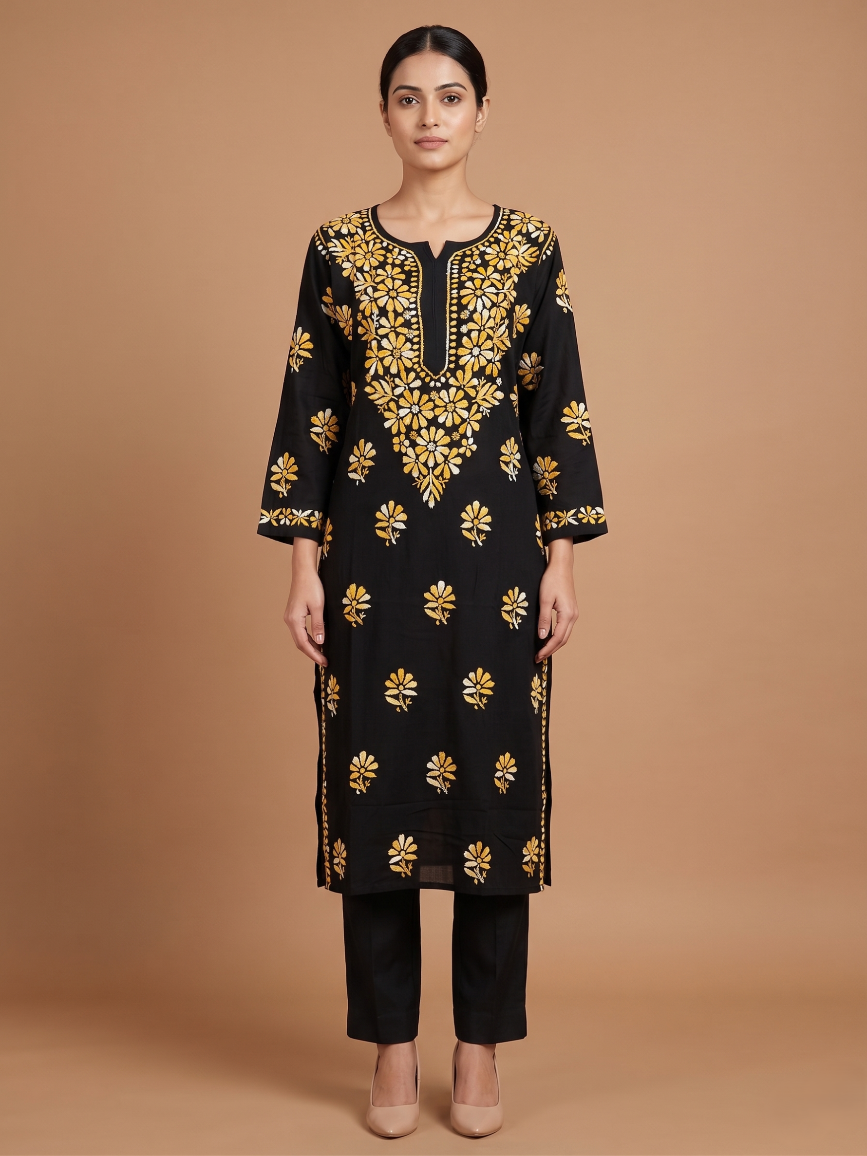 Midnight Sun: Black Rayon Kurta with Yellow Embroidery