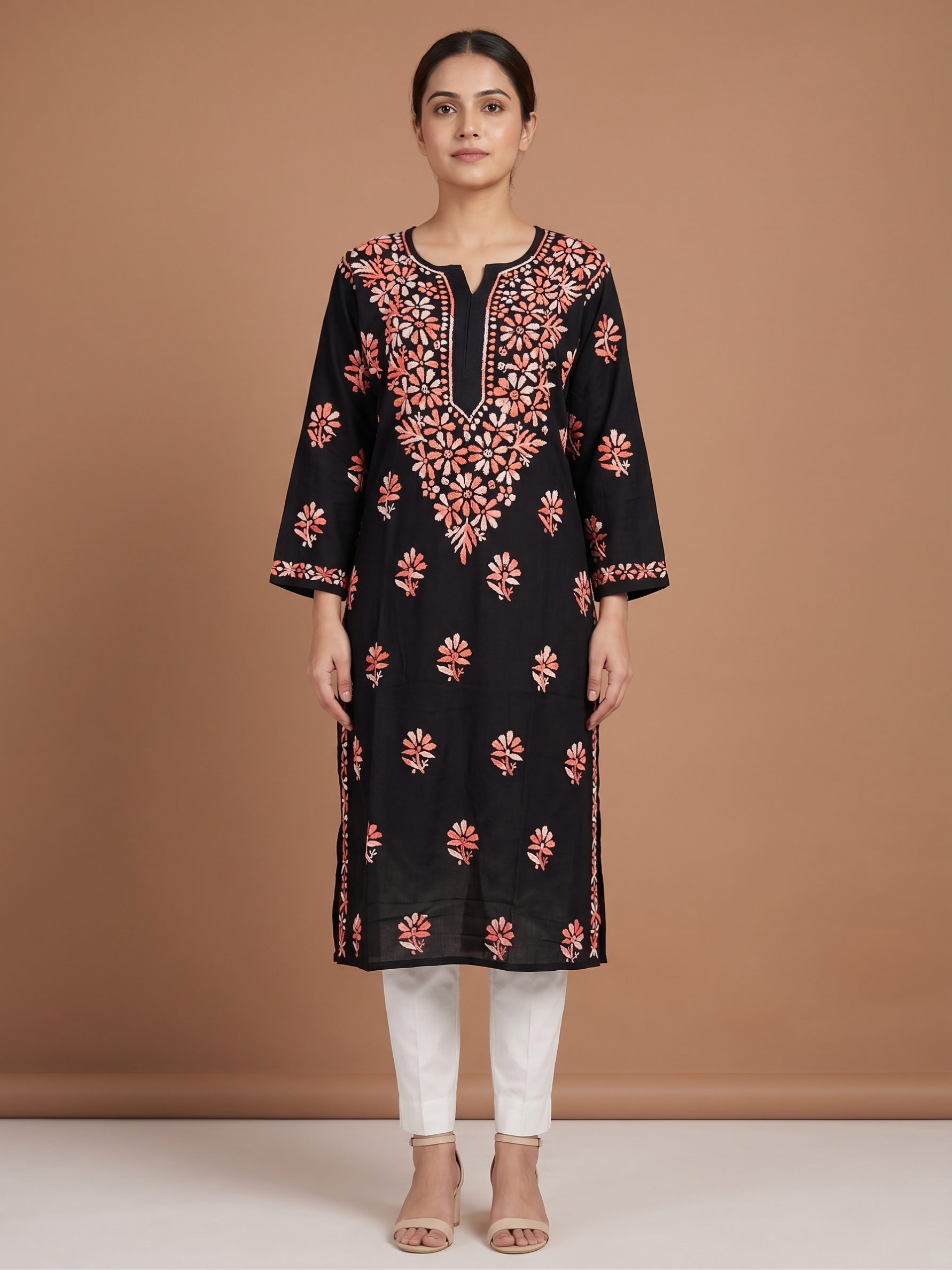 Shadow Bloom: Black Rayon Kurta with Pink Embroidery