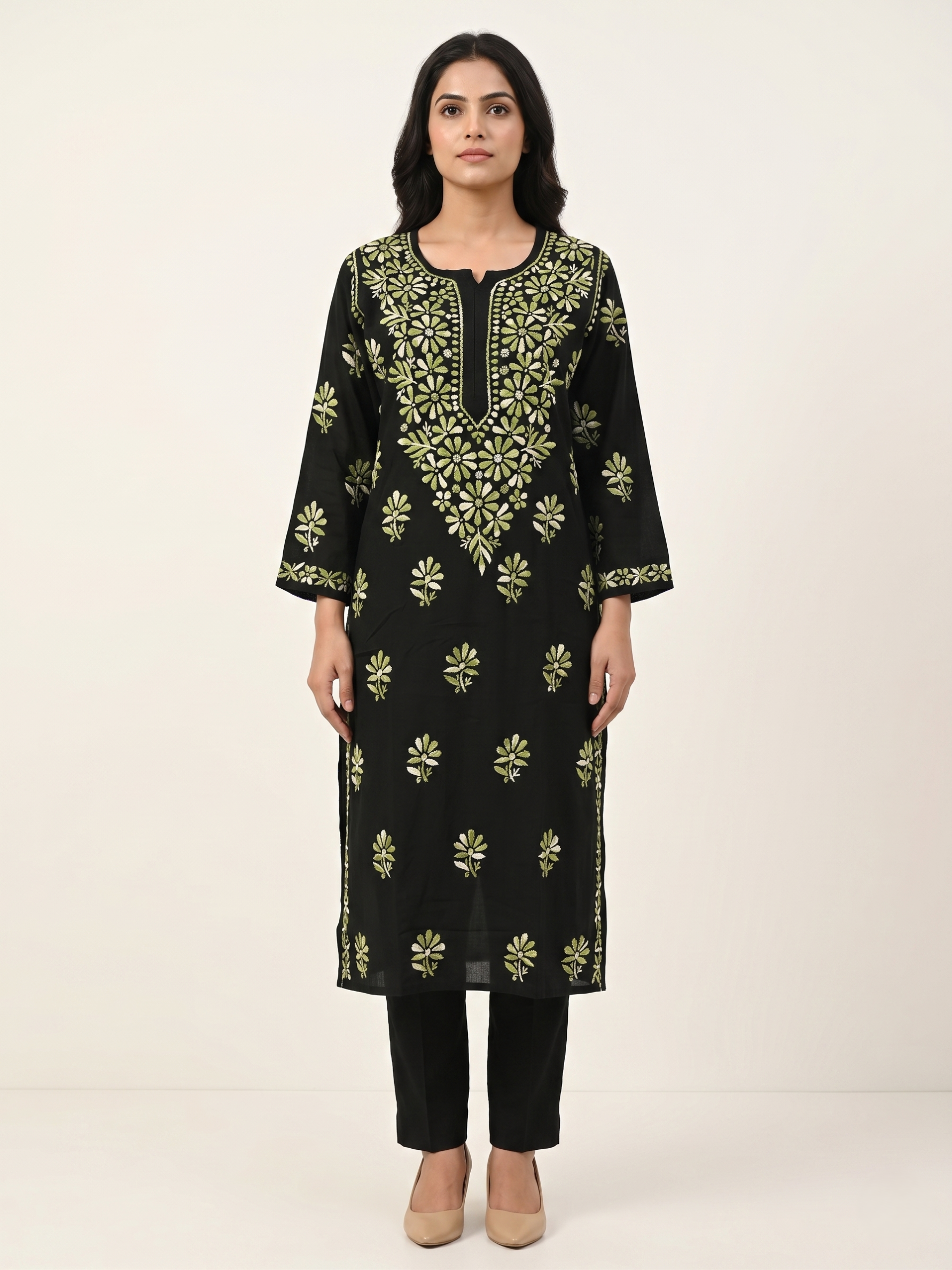 Midnight Garden: Black Rayon Kurta with Green Embroidery