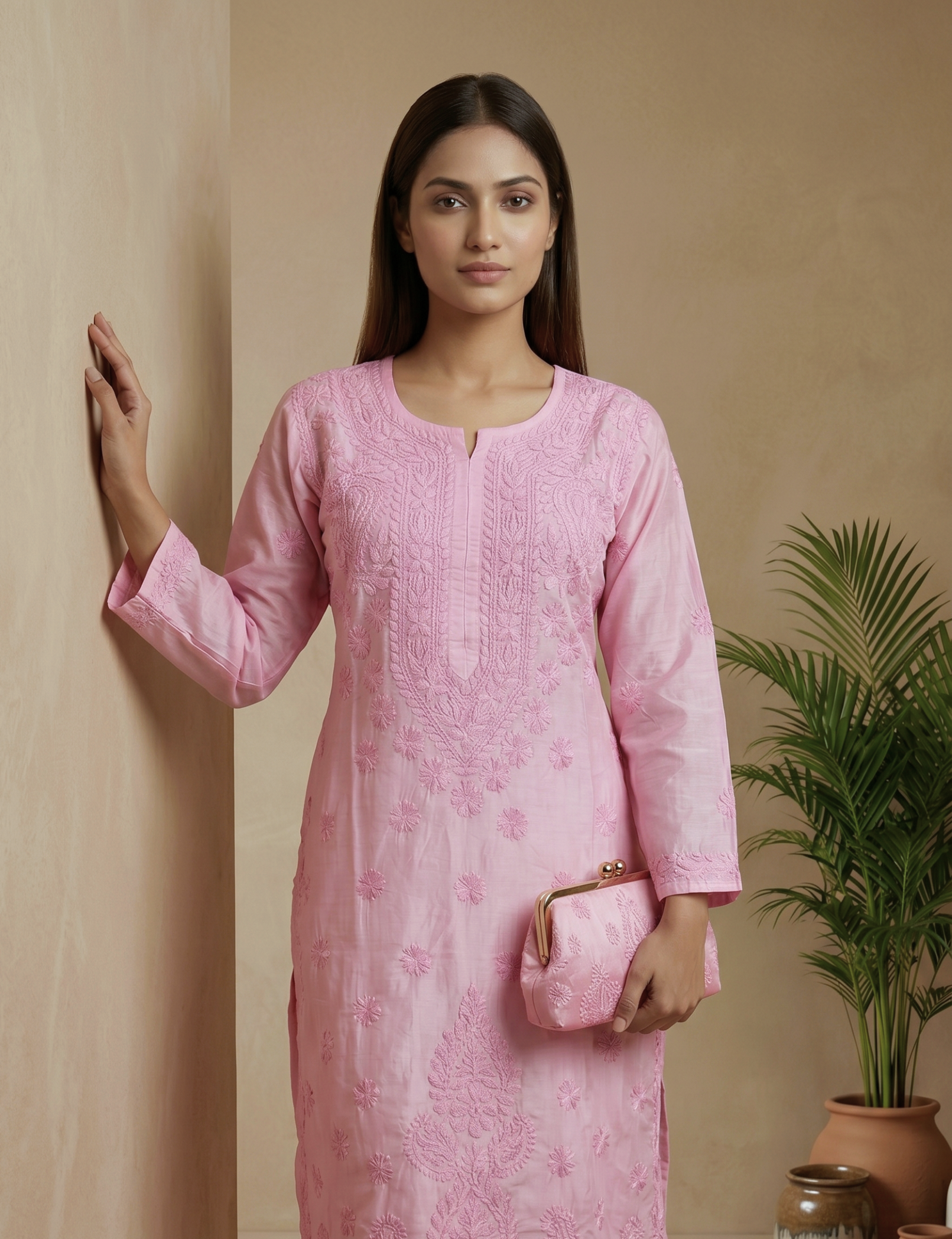 EkTithi Hand Embroidered Pink chanderi chikankari kurta