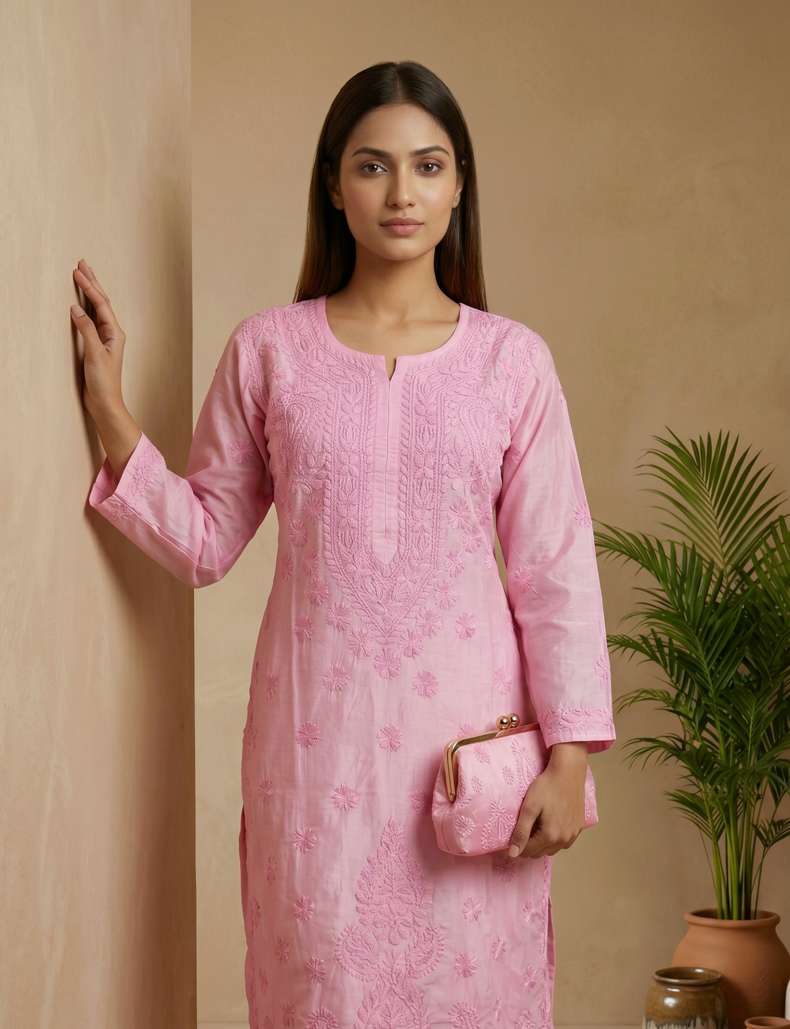 EkTithi Hand Embroidered Pink chanderi chikankari