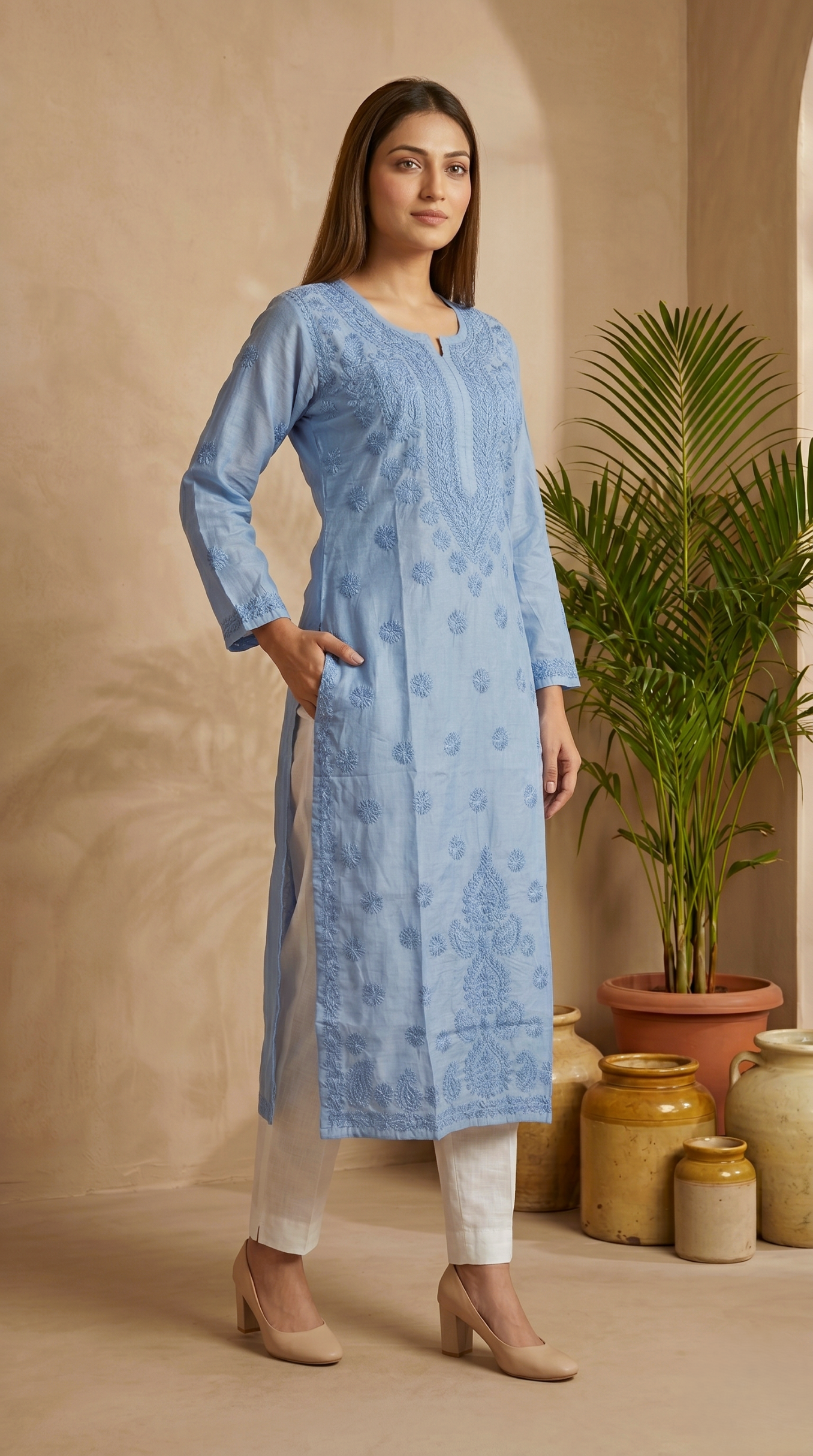 EkTithi Hand Embroidered Blue chanderi chikankari