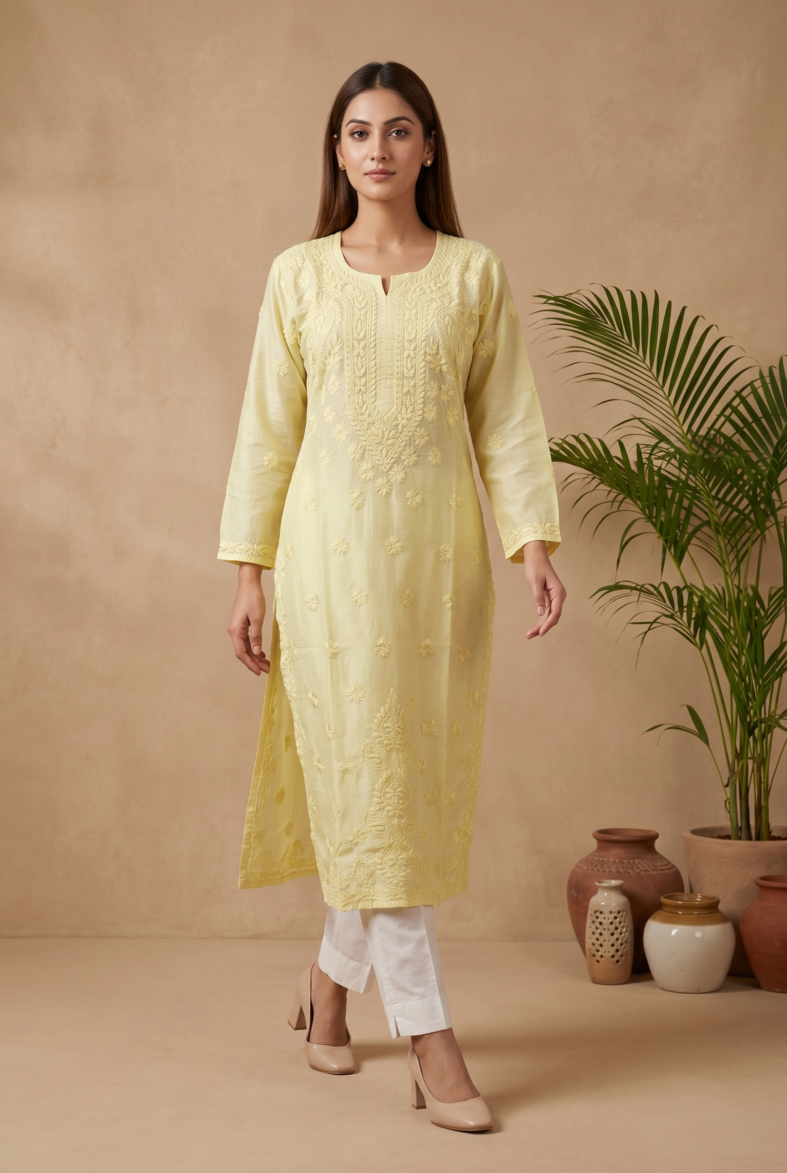 EkTithi Hand Embroidered yellow chanderi chikankari