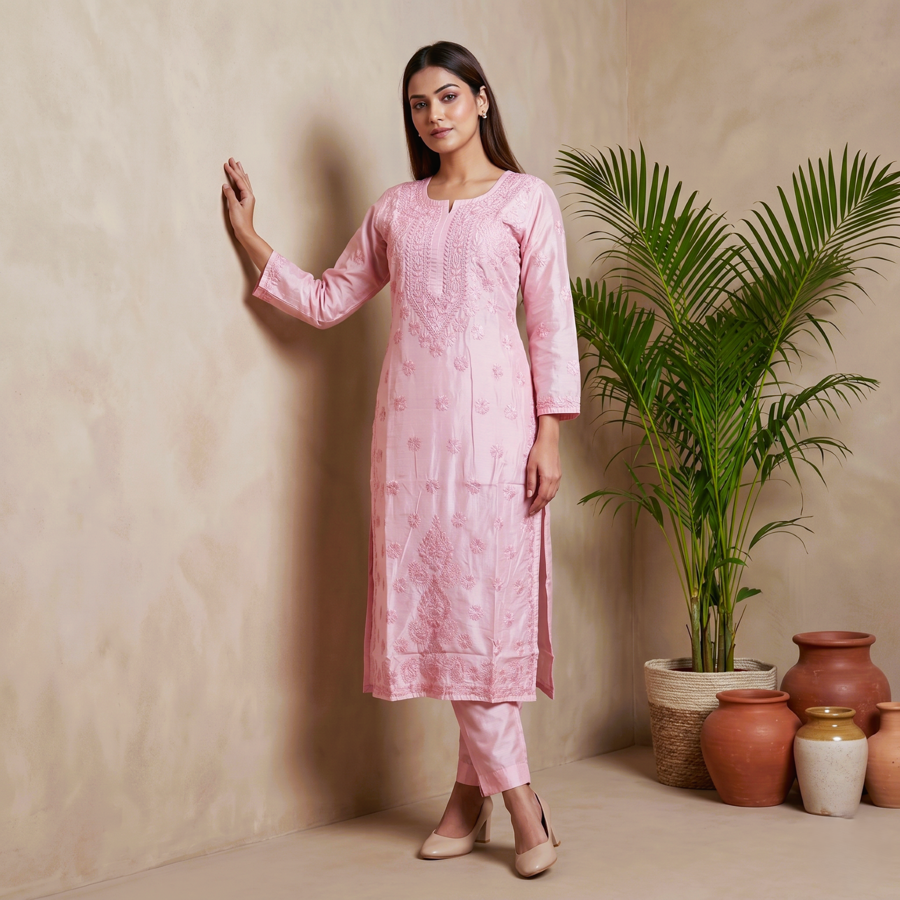 EkTithi Hand Embroidered Pink chanderi chikankari