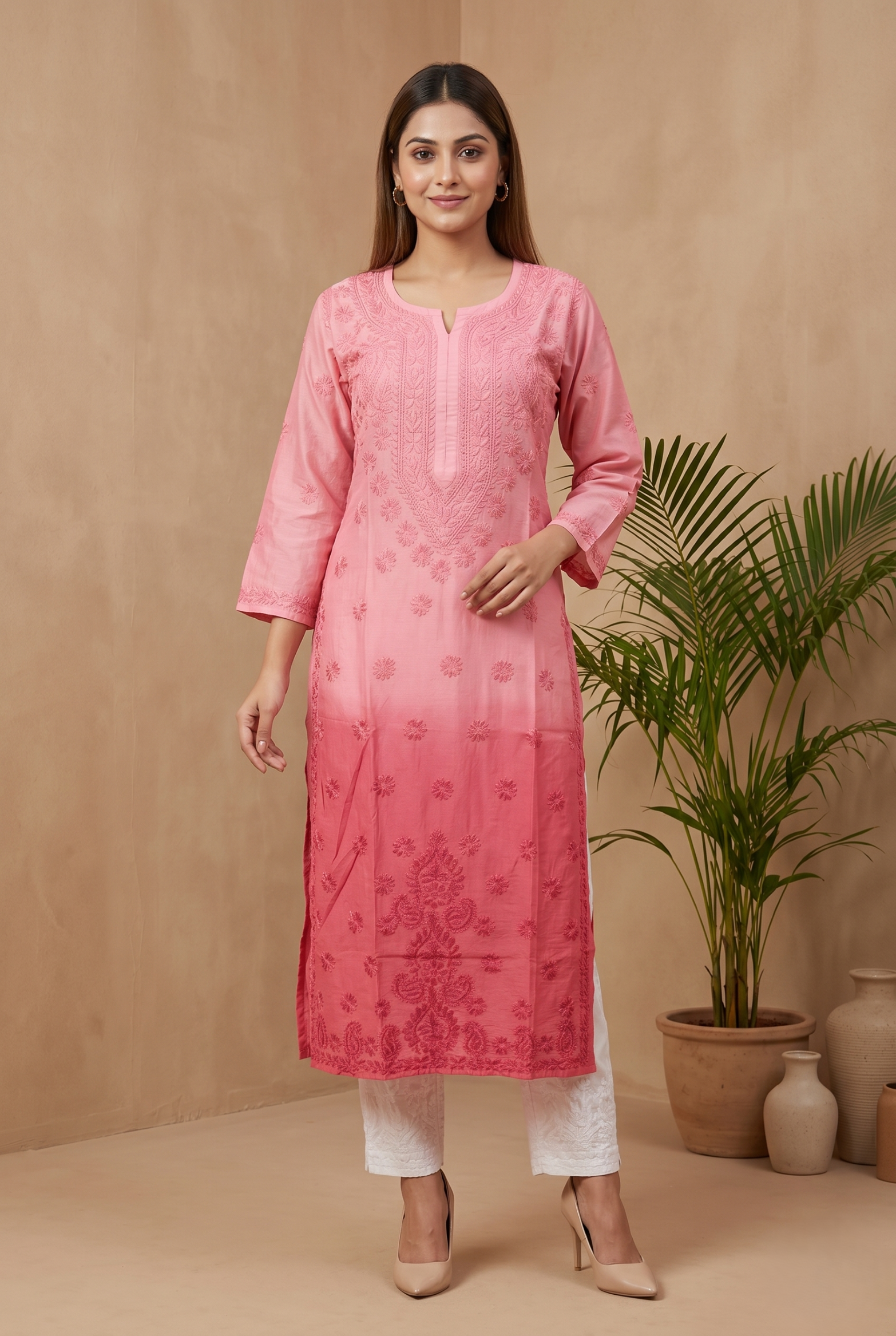 EkTithi Hand Embroidered Pink Dual tone chanderi chikankari