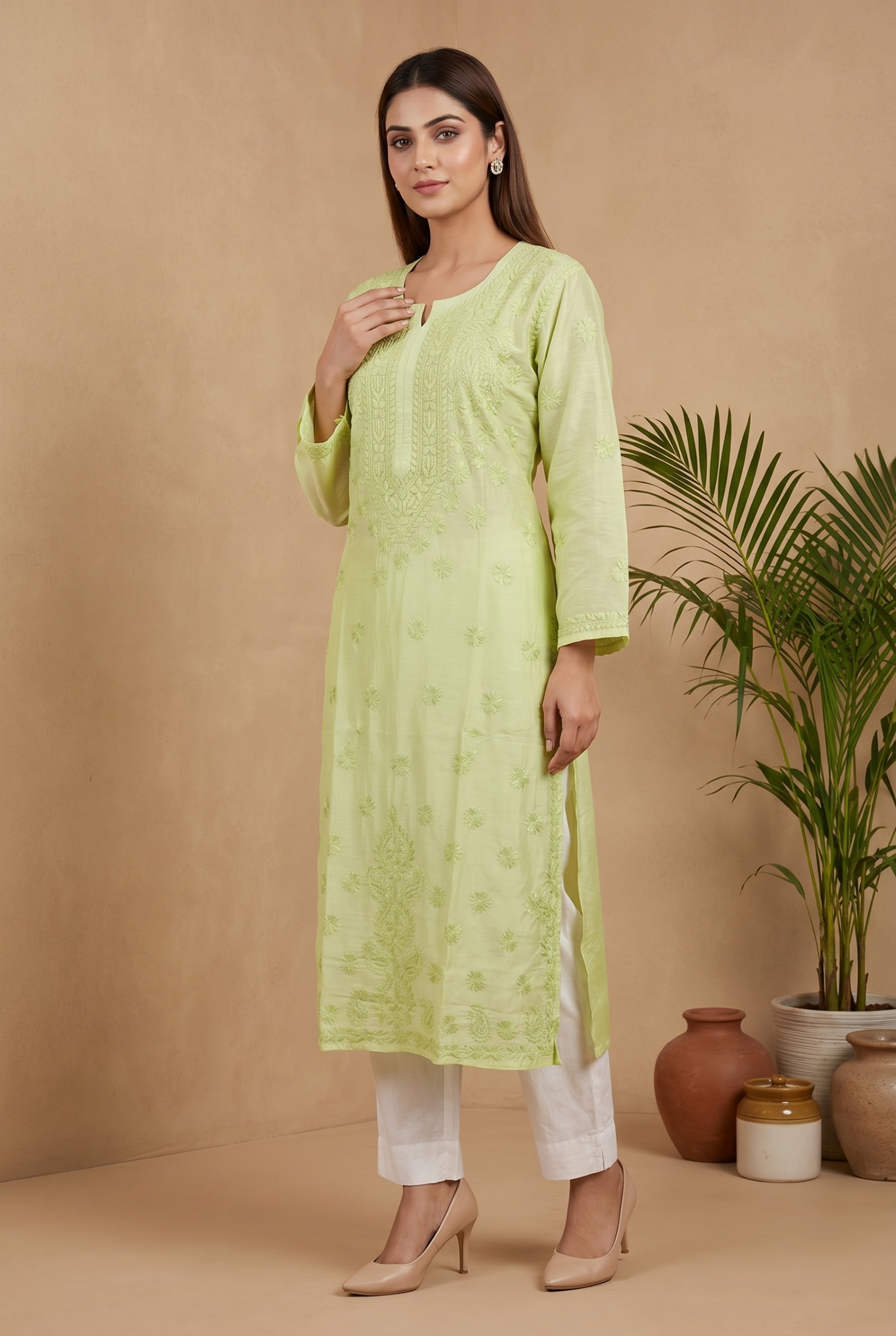 EkTithi Hand Embroidered Green chanderi chikankari
