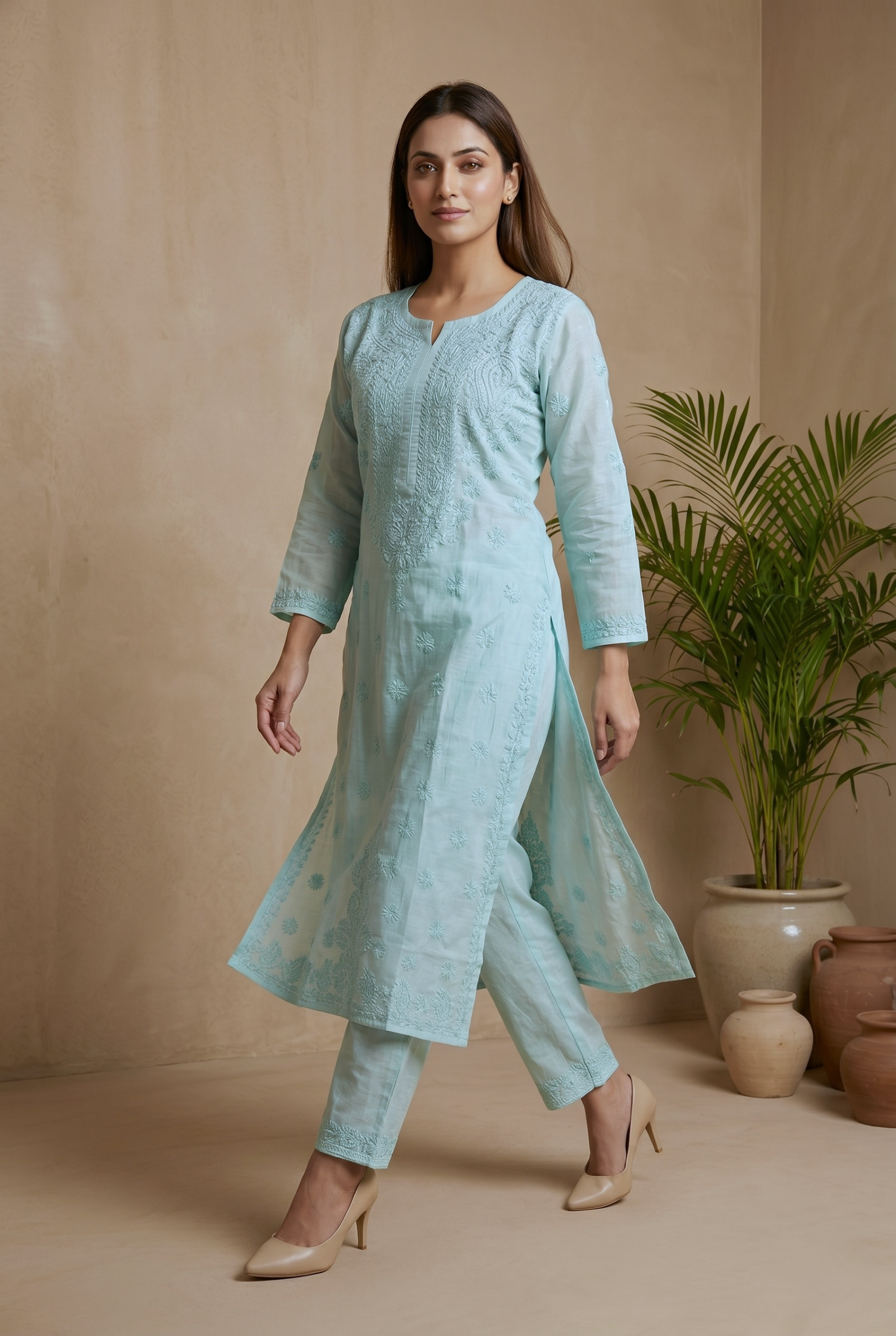 EkTithi Hand Embroidered Blue chanderi chikankari